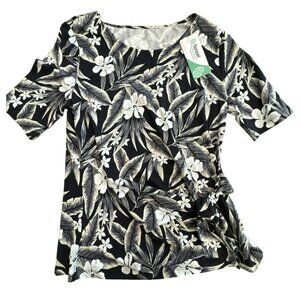 Lands' End Tie Front Short Sleeve Top Size Small Black Floral White Tencel NWT